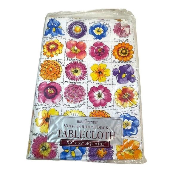 VTG HomeTrends Flowers Vinyl Flannel Backed Tablecloth Botanical Floral 52” MCM - Picture 1 of 4